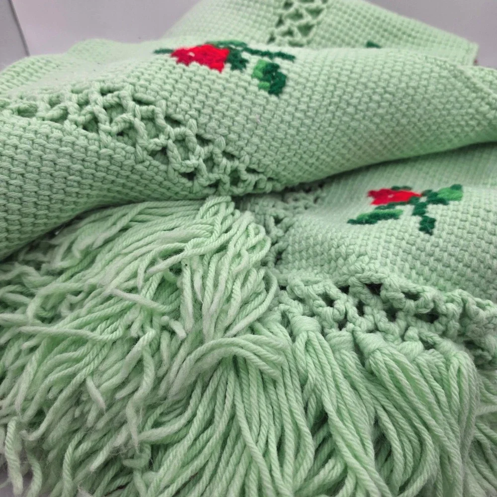 Handmade Afghan Throw Blanket Mint Green Red Rose Cross Stitch Fringe 60x71